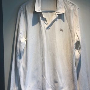 Burberry White Long Sleeve Polo with Tartan Collar